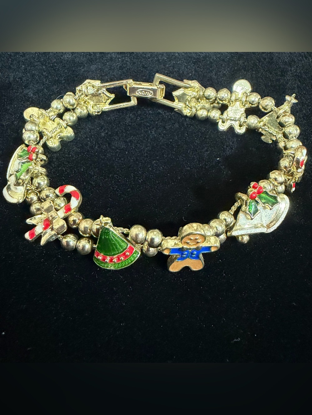 Vintage AVON Christmas Sliding Enamel Charm Bracelet Gold Tone